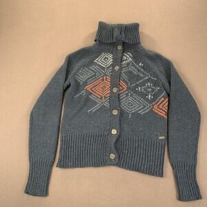 Columbia Sweater Womens LG Blue Button Front High Roll Neck Wool Alpaca Knit